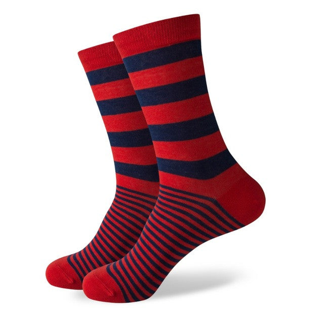 Red With Navy Blue Thick & Thin Stripes Socks