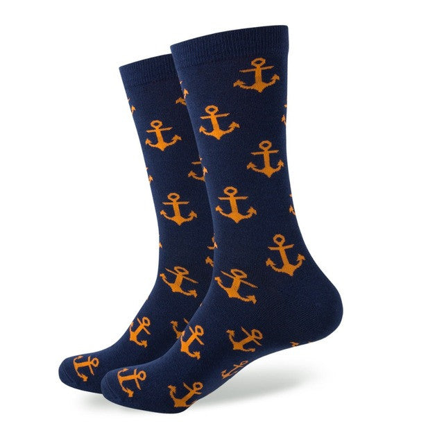 Navy Blue With Orange Anchor Socks