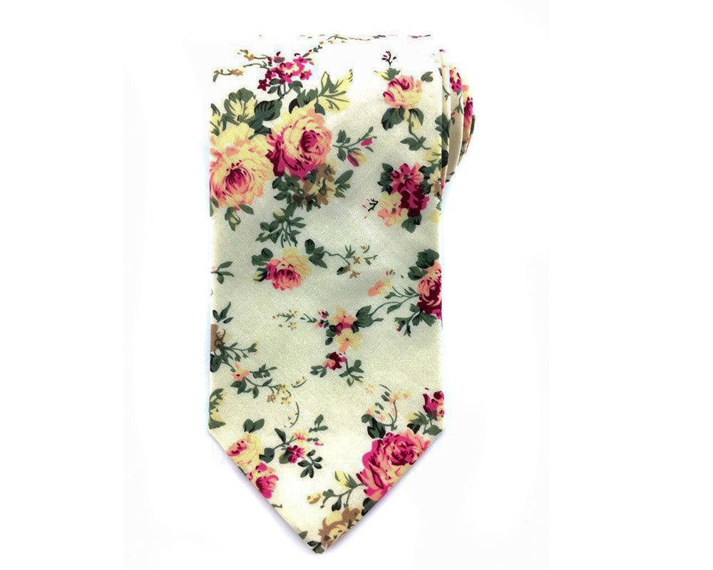 Beige Floral Cotton Necktie