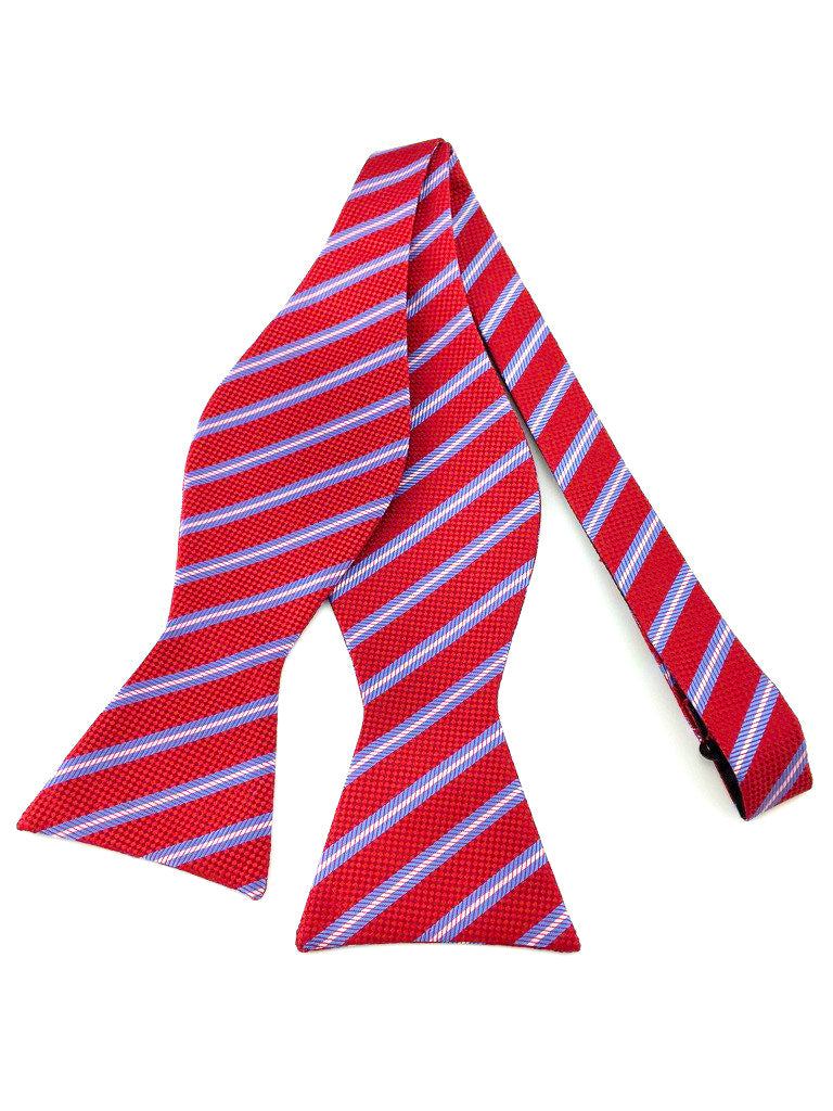 Maroon Red, Blue and Cream Striped Self-Tied Bow Tie