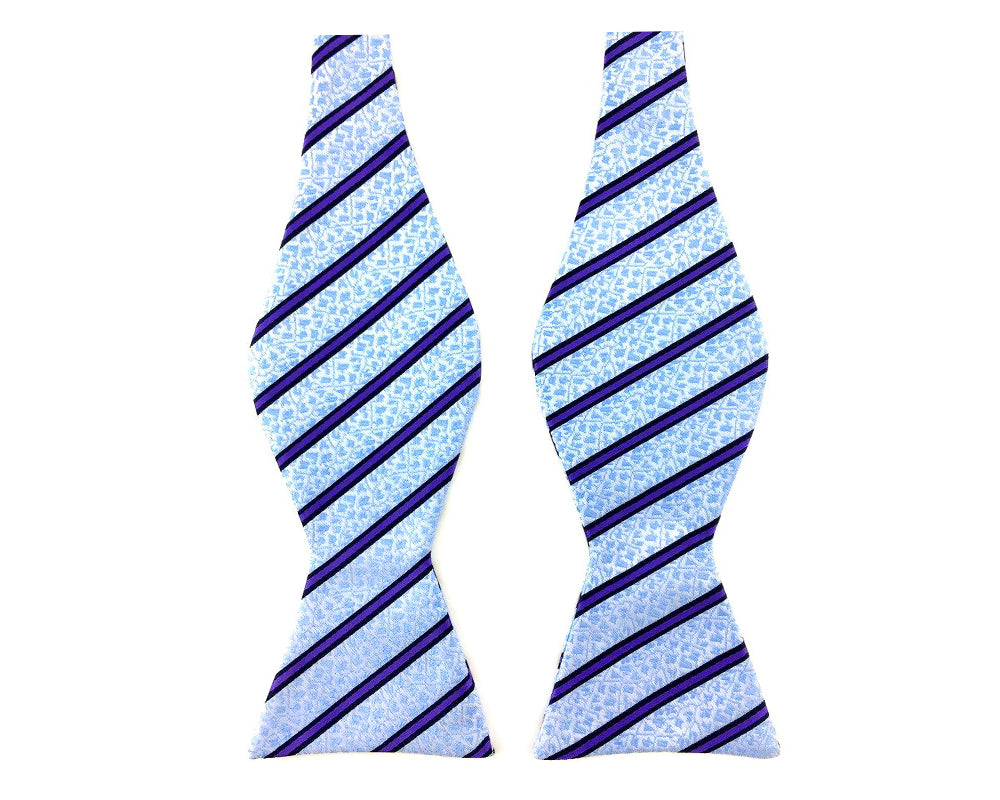 Sky Blue Floral Purple Stripes Self-Tied Bow Tie & Pocket Square Set