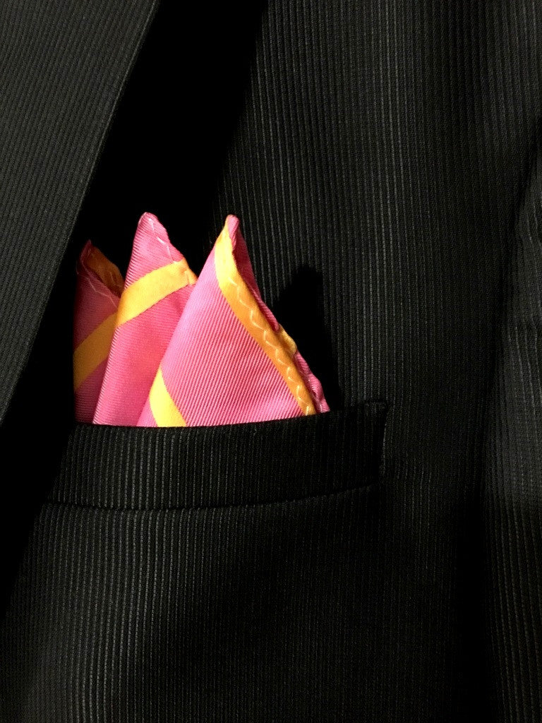 Pink with Diagonal Yellow Stripes Pocket Square